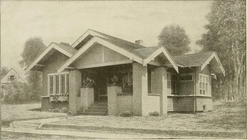 An illustration from Guaranteed building plans with interior views and details : a standard collection of new, original and artistic designs of cottages, bungalows, residences and flats of frame, brick, cement, plaster, concrete blocks, hollow tile, stucco, etc. and farm buildings of all descriptions together with interior and exterior details and interior views arranged and described by William A. Radford., 1915, leaf 45