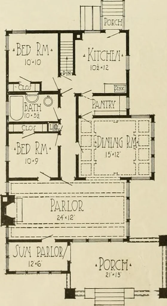 An illustration from Guaranteed building plans with interior views and details : a standard collection of new, original and artistic designs of cottages, bungalows, residences and flats of frame, brick, cement, plaster, concrete blocks, hollow tile, stucco, etc. and farm buildings of all descriptions together with interior and exterior details and interior views arranged and described by William A. Radford., 1915, leaf 45