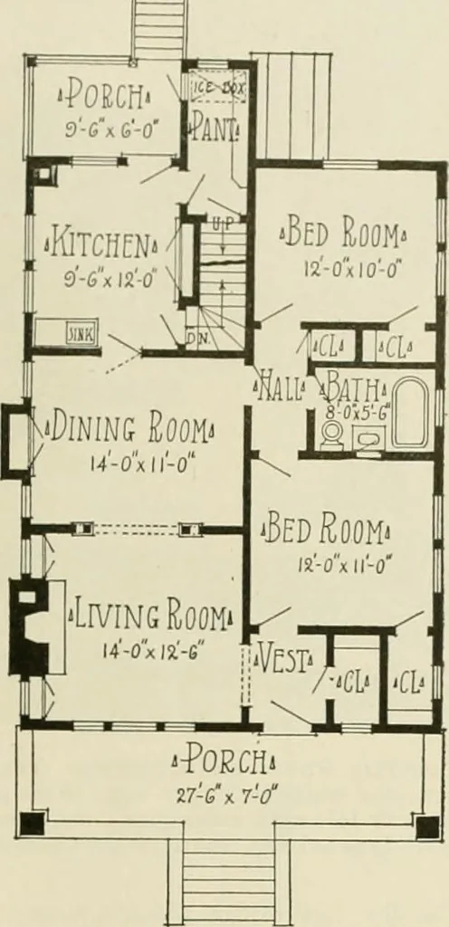 An illustration from Guaranteed building plans with interior views and details : a standard collection of new, original and artistic designs of cottages, bungalows, residences and flats of frame, brick, cement, plaster, concrete blocks, hollow tile, stucco, etc. and farm buildings of all descriptions together with interior and exterior details and interior views arranged and described by William A. Radford., 1915, leaf 46