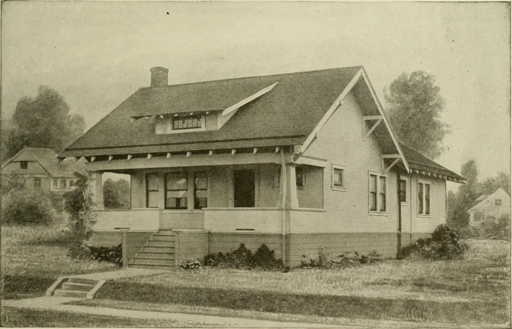 An illustration from Guaranteed building plans with interior views and details : a standard collection of new, original and artistic designs of cottages, bungalows, residences and flats of frame, brick, cement, plaster, concrete blocks, hollow tile, stucco, etc. and farm buildings of all descriptions together with interior and exterior details and interior views arranged and described by William A. Radford., 1915, leaf 46