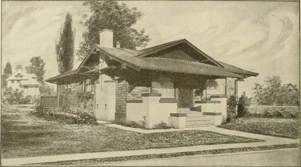 An illustration from Guaranteed building plans with interior views and details : a standard collection of new, original and artistic designs of cottages, bungalows, residences and flats of frame, brick, cement, plaster, concrete blocks, hollow tile, stucco, etc. and farm buildings of all descriptions together with interior and exterior details and interior views arranged and described by William A. Radford., 1915, leaf 47