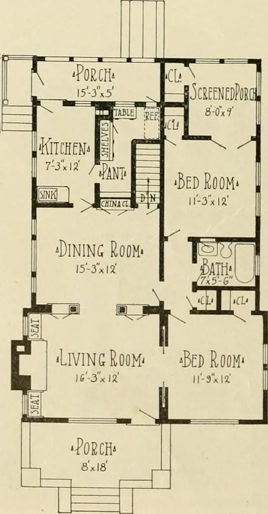 An illustration from Guaranteed building plans with interior views and details : a standard collection of new, original and artistic designs of cottages, bungalows, residences and flats of frame, brick, cement, plaster, concrete blocks, hollow tile, stucco, etc. and farm buildings of all descriptions together with interior and exterior details and interior views arranged and described by William A. Radford., 1915, leaf 47