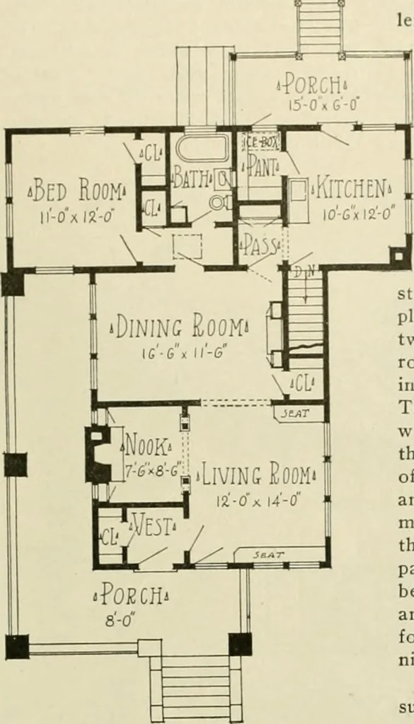 An illustration from Guaranteed building plans with interior views and details : a standard collection of new, original and artistic designs of cottages, bungalows, residences and flats of frame, brick, cement, plaster, concrete blocks, hollow tile, stucco, etc. and farm buildings of all descriptions together with interior and exterior details and interior views arranged and described by William A. Radford., 1915, leaf 48
