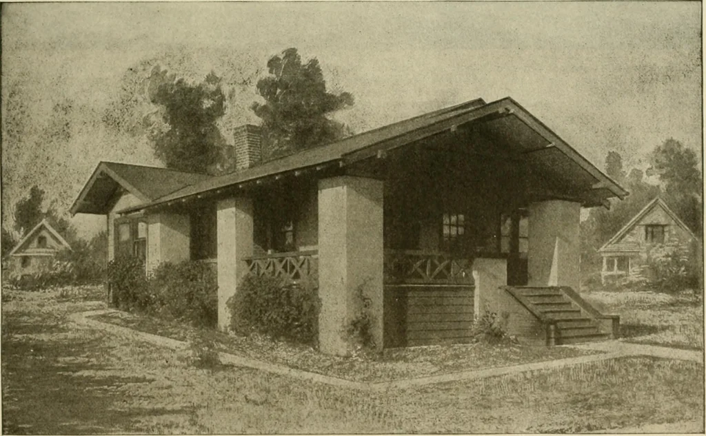 An illustration from Guaranteed building plans with interior views and details : a standard collection of new, original and artistic designs of cottages, bungalows, residences and flats of frame, brick, cement, plaster, concrete blocks, hollow tile, stucco, etc. and farm buildings of all descriptions together with interior and exterior details and interior views arranged and described by William A. Radford., 1915, leaf 48