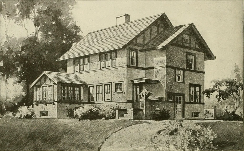 An illustration from Guaranteed building plans with interior views and details : a standard collection of new, original and artistic designs of cottages, bungalows, residences and flats of frame, brick, cement, plaster, concrete blocks, hollow tile, stucco, etc. and farm buildings of all descriptions together with interior and exterior details and interior views arranged and described by William A. Radford., 1915, leaf 49