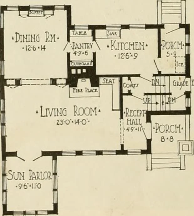 An illustration from Guaranteed building plans with interior views and details : a standard collection of new, original and artistic designs of cottages, bungalows, residences and flats of frame, brick, cement, plaster, concrete blocks, hollow tile, stucco, etc. and farm buildings of all descriptions together with interior and exterior details and interior views arranged and described by William A. Radford., 1915, leaf 49