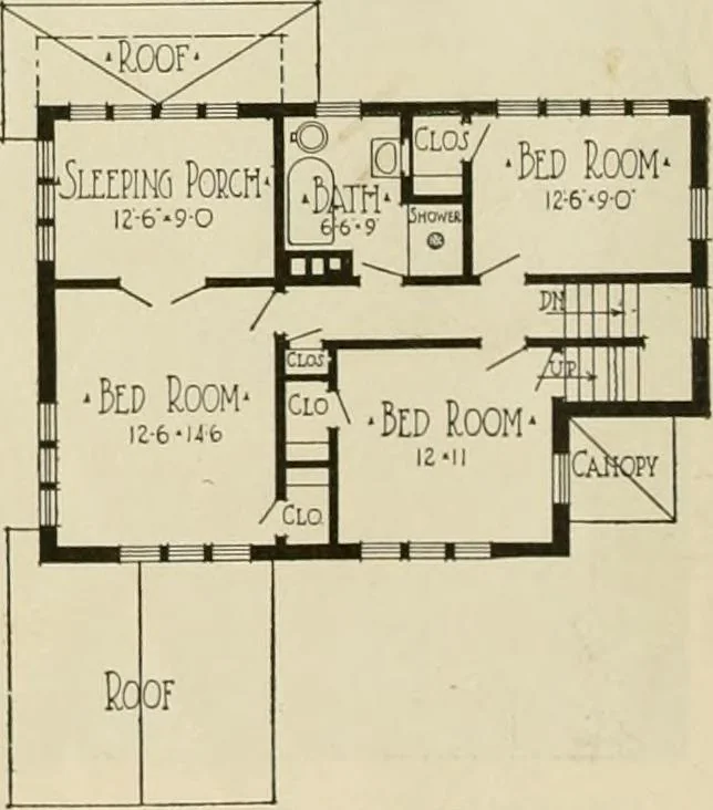 An illustration from Guaranteed building plans with interior views and details : a standard collection of new, original and artistic designs of cottages, bungalows, residences and flats of frame, brick, cement, plaster, concrete blocks, hollow tile, stucco, etc. and farm buildings of all descriptions together with interior and exterior details and interior views arranged and described by William A. Radford., 1915, leaf 49