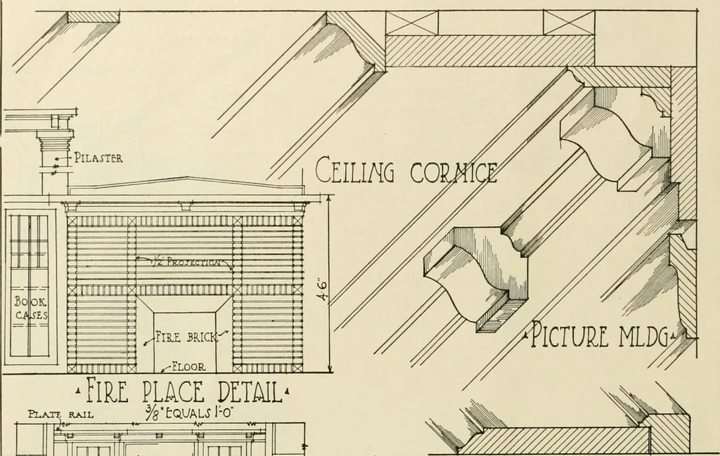 An illustration from Guaranteed building plans with interior views and details : a standard collection of new, original and artistic designs of cottages, bungalows, residences and flats of frame, brick, cement, plaster, concrete blocks, hollow tile, stucco, etc. and farm buildings of all descriptions together with interior and exterior details and interior views arranged and described by William A. Radford., 1915, leaf 51