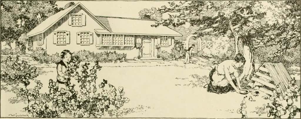 An illustration from Guaranteed building plans with interior views and details : a standard collection of new, original and artistic designs of cottages, bungalows, residences and flats of frame, brick, cement, plaster, concrete blocks, hollow tile, stucco, etc. and farm buildings of all descriptions together with interior and exterior details and interior views arranged and described by William A. Radford., 1915, leaf 52