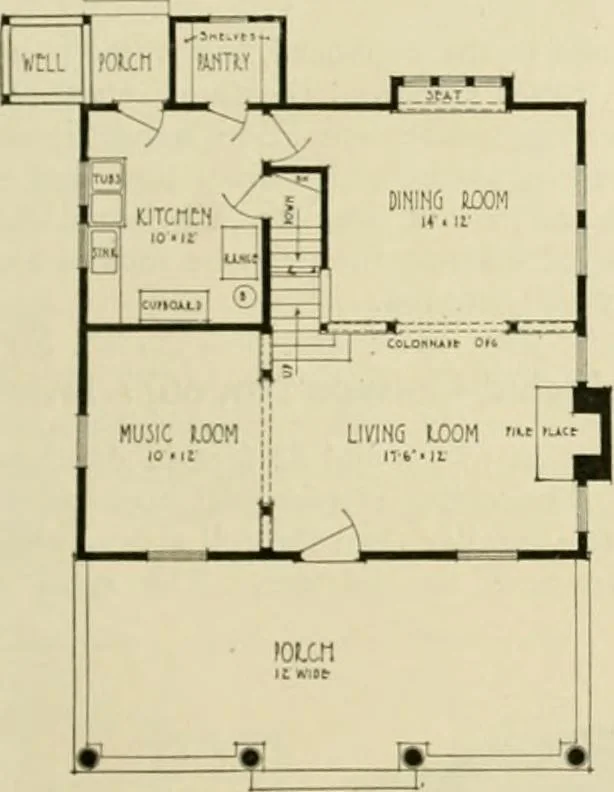 An illustration from Guaranteed building plans with interior views and details : a standard collection of new, original and artistic designs of cottages, bungalows, residences and flats of frame, brick, cement, plaster, concrete blocks, hollow tile, stucco, etc. and farm buildings of all descriptions together with interior and exterior details and interior views arranged and described by William A. Radford., 1915, leaf 52