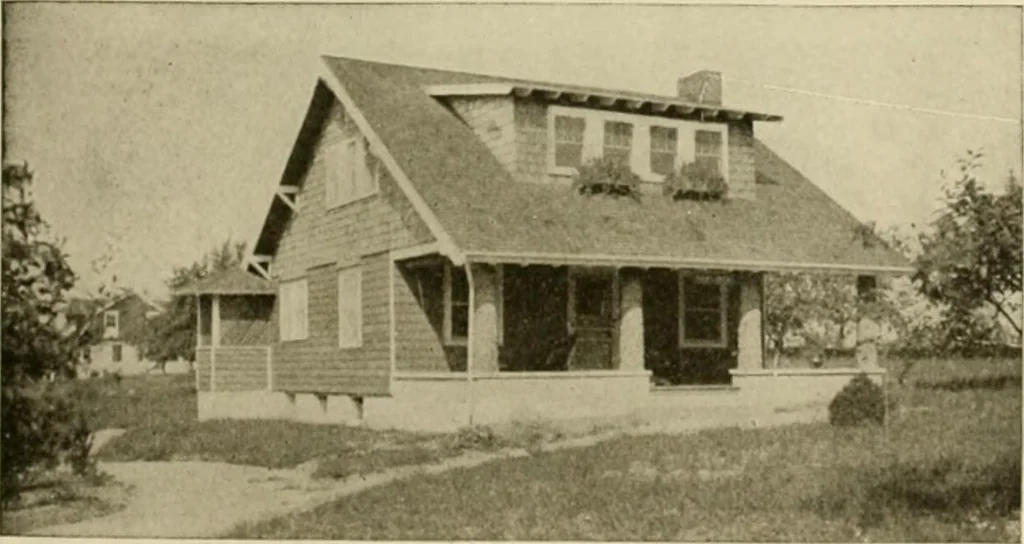An illustration from Guaranteed building plans with interior views and details : a standard collection of new, original and artistic designs of cottages, bungalows, residences and flats of frame, brick, cement, plaster, concrete blocks, hollow tile, stucco, etc. and farm buildings of all descriptions together with interior and exterior details and interior views arranged and described by William A. Radford., 1915, leaf 52