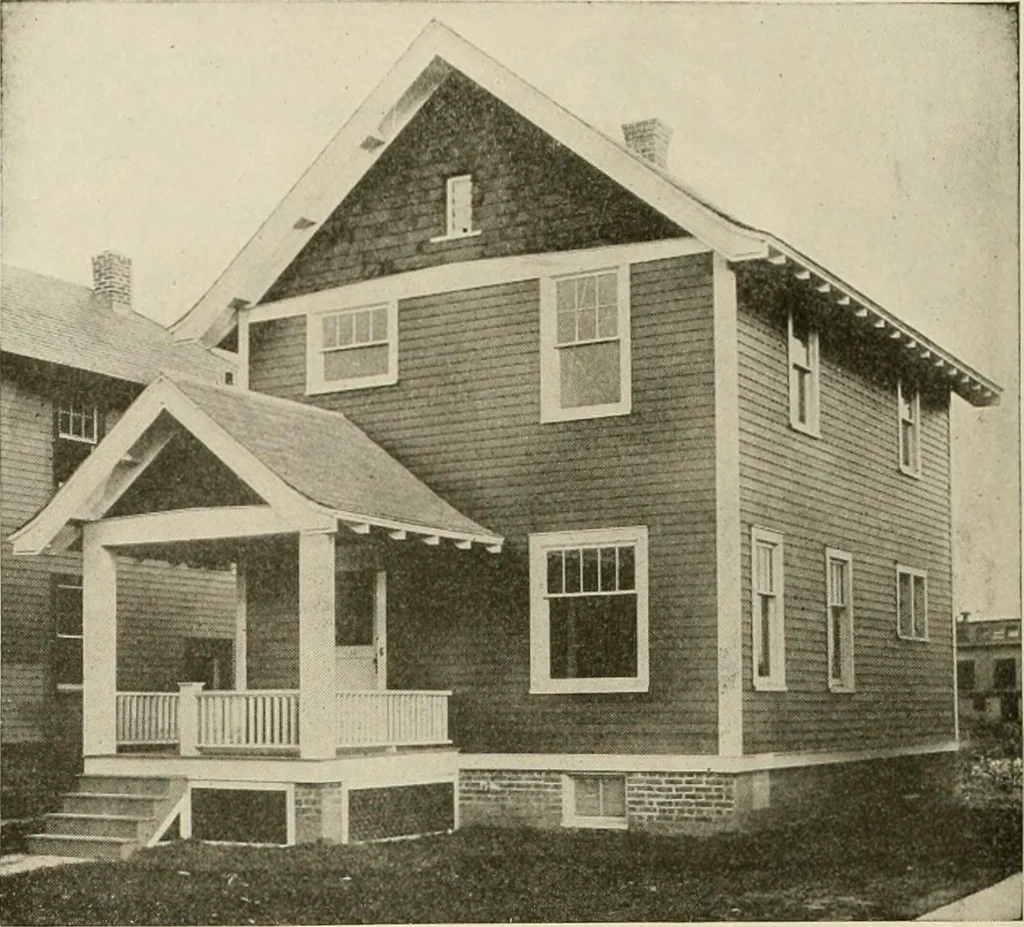 An illustration from Guaranteed building plans with interior views and details : a standard collection of new, original and artistic designs of cottages, bungalows, residences and flats of frame, brick, cement, plaster, concrete blocks, hollow tile, stucco, etc. and farm buildings of all descriptions together with interior and exterior details and interior views arranged and described by William A. Radford., 1915, leaf 53