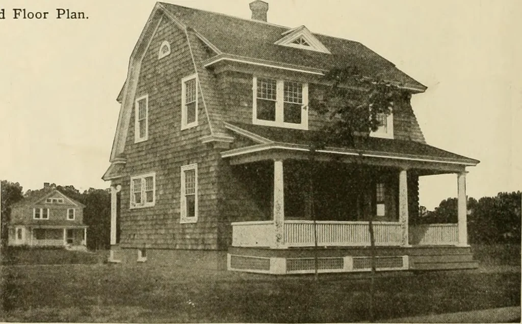 An illustration from Guaranteed building plans with interior views and details : a standard collection of new, original and artistic designs of cottages, bungalows, residences and flats of frame, brick, cement, plaster, concrete blocks, hollow tile, stucco, etc. and farm buildings of all descriptions together with interior and exterior details and interior views arranged and described by William A. Radford., 1915, leaf 53