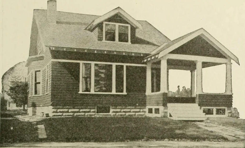 An illustration from Guaranteed building plans with interior views and details : a standard collection of new, original and artistic designs of cottages, bungalows, residences and flats of frame, brick, cement, plaster, concrete blocks, hollow tile, stucco, etc. and farm buildings of all descriptions together with interior and exterior details and interior views arranged and described by William A. Radford., 1915, leaf 54