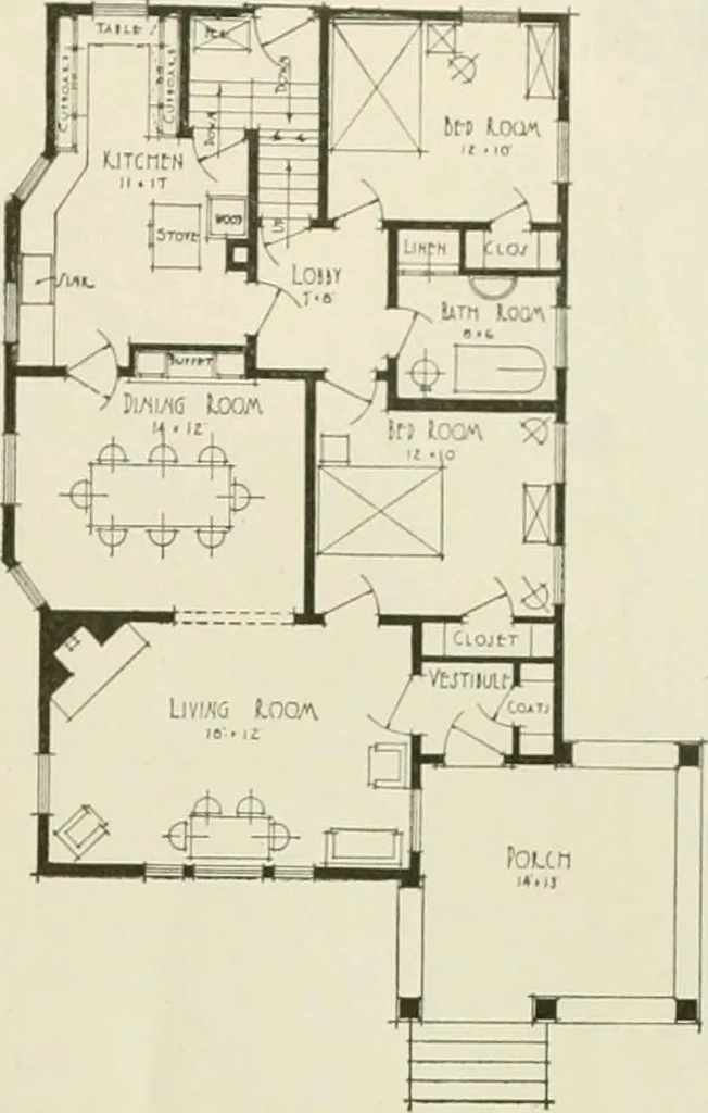 An illustration from Guaranteed building plans with interior views and details : a standard collection of new, original and artistic designs of cottages, bungalows, residences and flats of frame, brick, cement, plaster, concrete blocks, hollow tile, stucco, etc. and farm buildings of all descriptions together with interior and exterior details and interior views arranged and described by William A. Radford., 1915, leaf 54