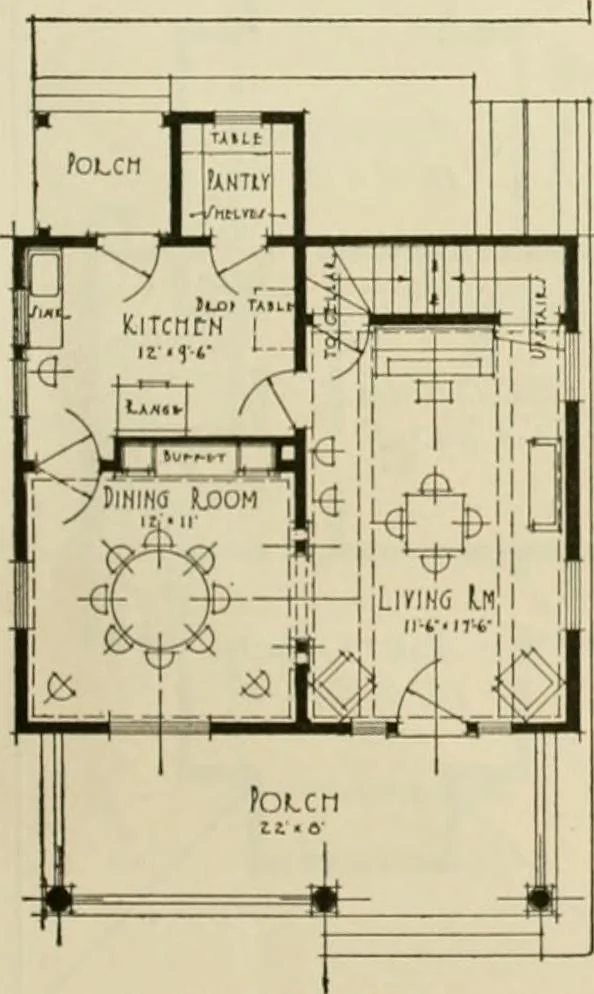 An illustration from Guaranteed building plans with interior views and details : a standard collection of new, original and artistic designs of cottages, bungalows, residences and flats of frame, brick, cement, plaster, concrete blocks, hollow tile, stucco, etc. and farm buildings of all descriptions together with interior and exterior details and interior views arranged and described by William A. Radford., 1915, leaf 54