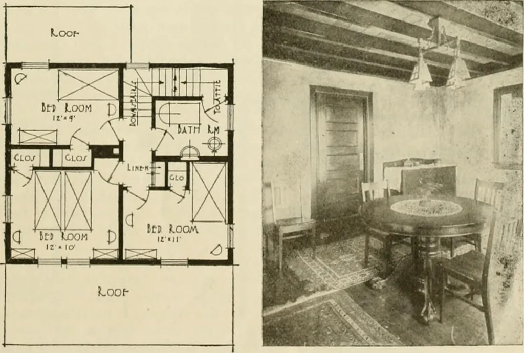 An illustration from Guaranteed building plans with interior views and details : a standard collection of new, original and artistic designs of cottages, bungalows, residences and flats of frame, brick, cement, plaster, concrete blocks, hollow tile, stucco, etc. and farm buildings of all descriptions together with interior and exterior details and interior views arranged and described by William A. Radford., 1915, leaf 54