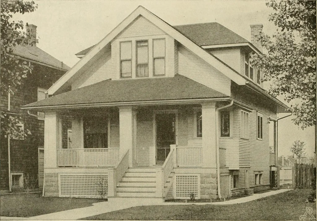 An illustration from Guaranteed building plans with interior views and details : a standard collection of new, original and artistic designs of cottages, bungalows, residences and flats of frame, brick, cement, plaster, concrete blocks, hollow tile, stucco, etc. and farm buildings of all descriptions together with interior and exterior details and interior views arranged and described by William A. Radford., 1915, leaf 55