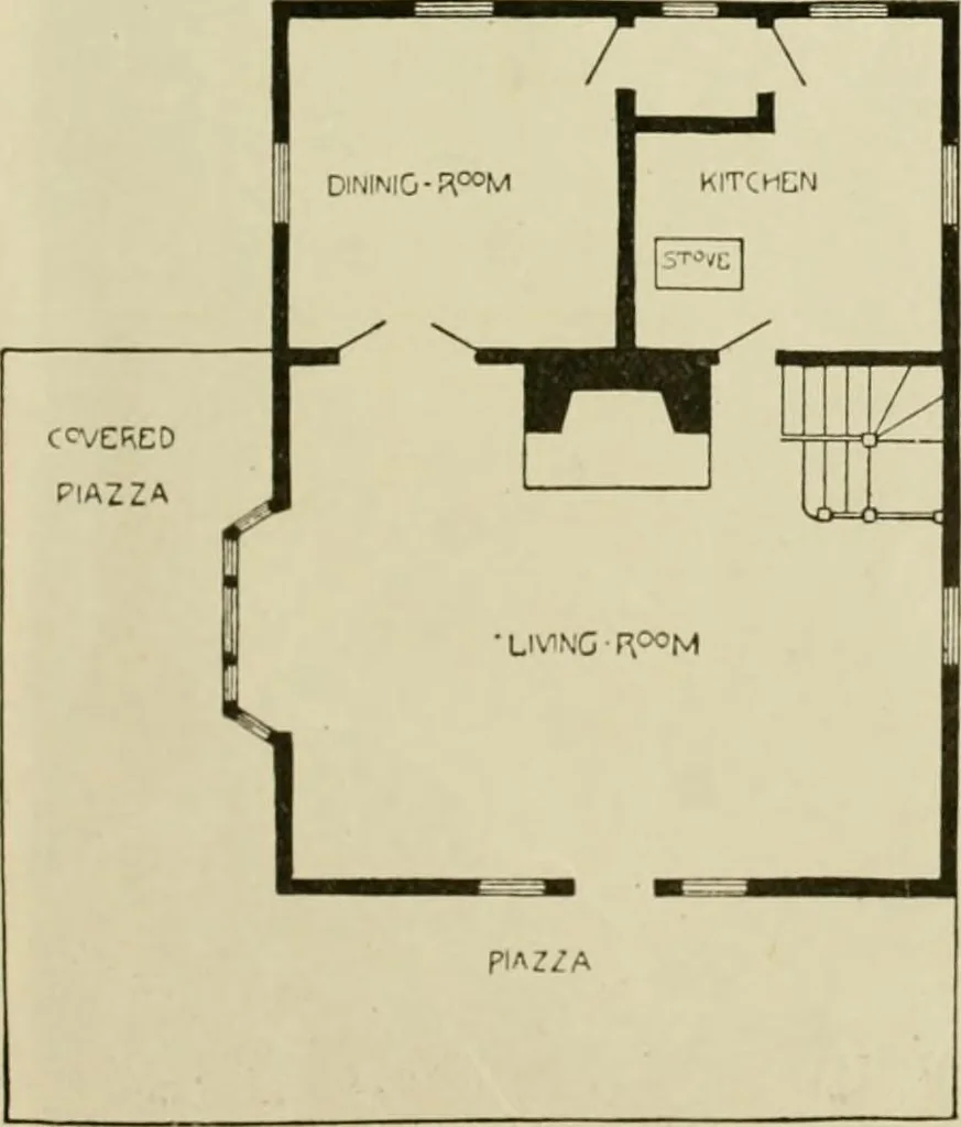 An illustration from Guaranteed building plans with interior views and details : a standard collection of new, original and artistic designs of cottages, bungalows, residences and flats of frame, brick, cement, plaster, concrete blocks, hollow tile, stucco, etc. and farm buildings of all descriptions together with interior and exterior details and interior views arranged and described by William A. Radford., 1915, leaf 56