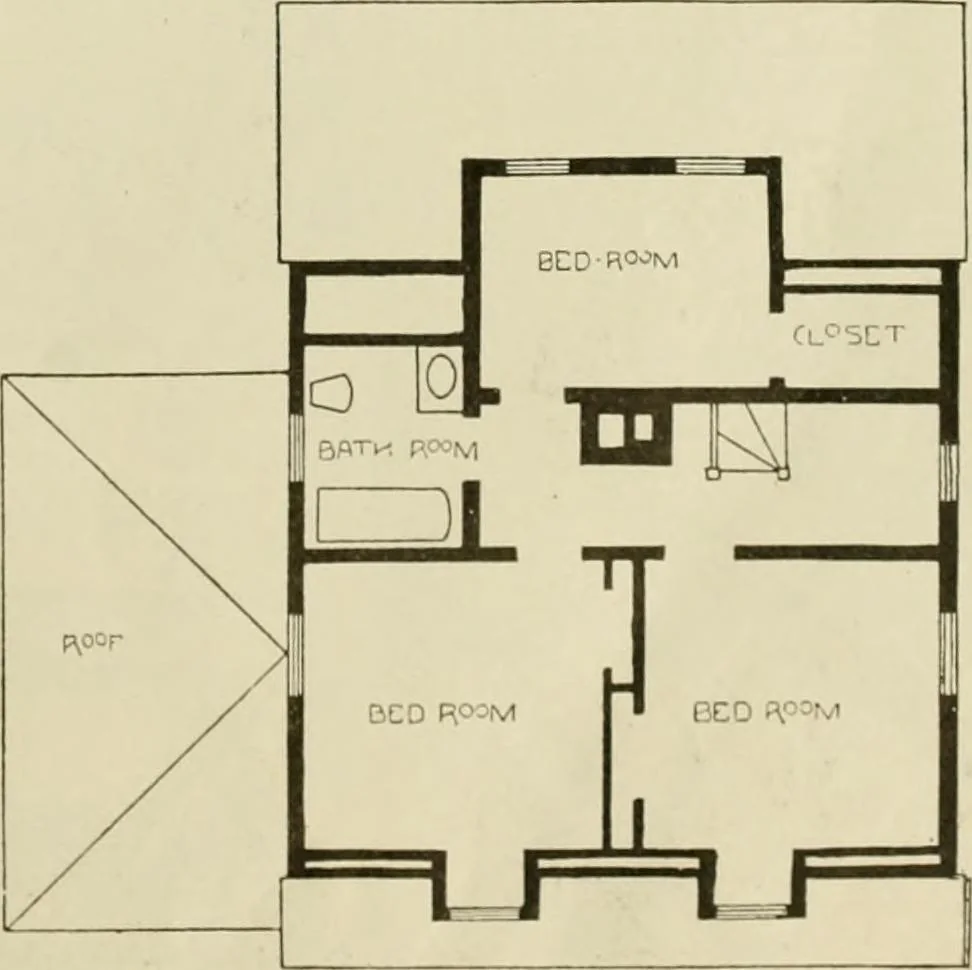 An illustration from Guaranteed building plans with interior views and details : a standard collection of new, original and artistic designs of cottages, bungalows, residences and flats of frame, brick, cement, plaster, concrete blocks, hollow tile, stucco, etc. and farm buildings of all descriptions together with interior and exterior details and interior views arranged and described by William A. Radford., 1915, leaf 56