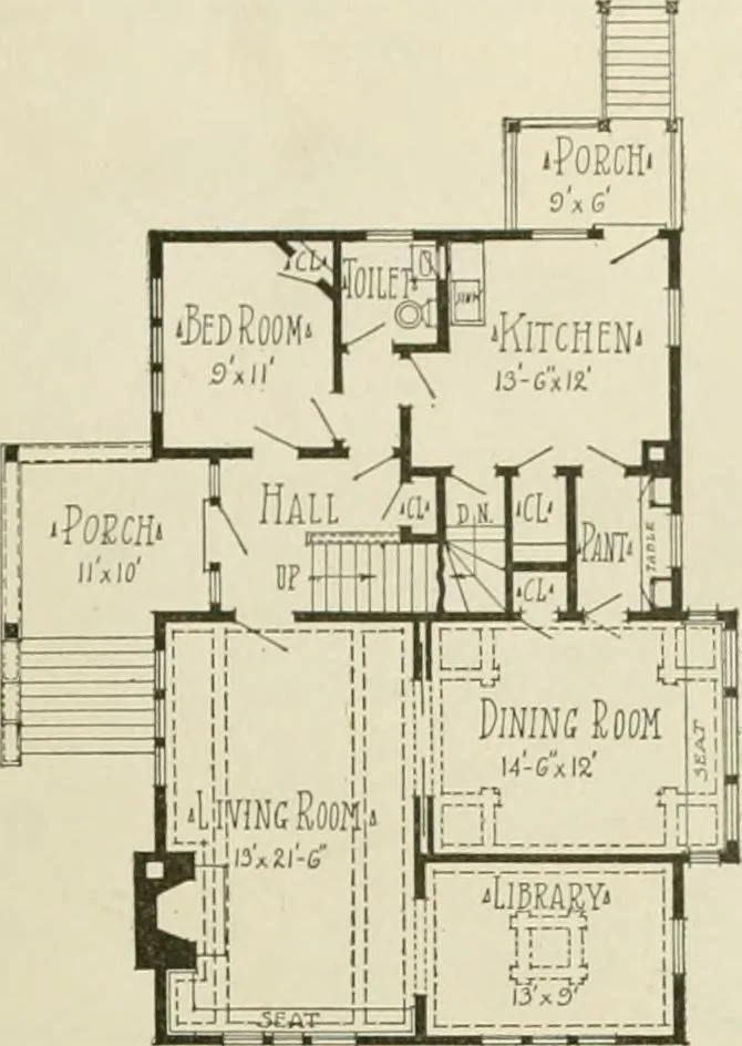 An illustration from Guaranteed building plans with interior views and details : a standard collection of new, original and artistic designs of cottages, bungalows, residences and flats of frame, brick, cement, plaster, concrete blocks, hollow tile, stucco, etc. and farm buildings of all descriptions together with interior and exterior details and interior views arranged and described by William A. Radford., 1915, leaf 58