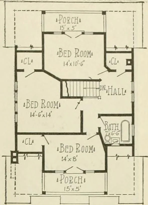 An illustration from Guaranteed building plans with interior views and details : a standard collection of new, original and artistic designs of cottages, bungalows, residences and flats of frame, brick, cement, plaster, concrete blocks, hollow tile, stucco, etc. and farm buildings of all descriptions together with interior and exterior details and interior views arranged and described by William A. Radford., 1915, leaf 58