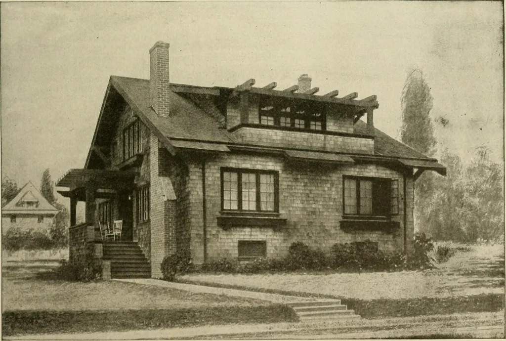 An illustration from Guaranteed building plans with interior views and details : a standard collection of new, original and artistic designs of cottages, bungalows, residences and flats of frame, brick, cement, plaster, concrete blocks, hollow tile, stucco, etc. and farm buildings of all descriptions together with interior and exterior details and interior views arranged and described by William A. Radford., 1915, leaf 58