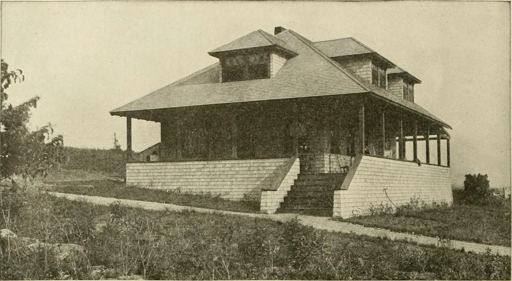 An illustration from Guaranteed building plans with interior views and details : a standard collection of new, original and artistic designs of cottages, bungalows, residences and flats of frame, brick, cement, plaster, concrete blocks, hollow tile, stucco, etc. and farm buildings of all descriptions together with interior and exterior details and interior views arranged and described by William A. Radford., 1915, leaf 59