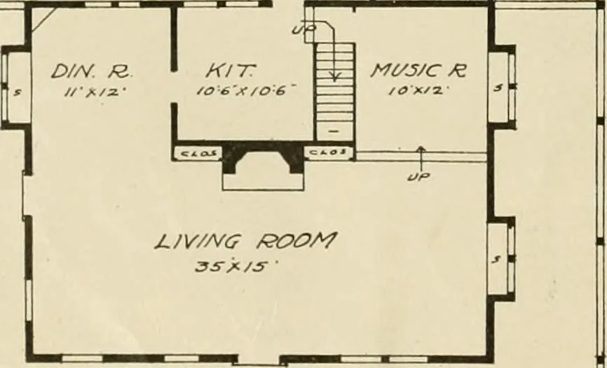 An illustration from Guaranteed building plans with interior views and details : a standard collection of new, original and artistic designs of cottages, bungalows, residences and flats of frame, brick, cement, plaster, concrete blocks, hollow tile, stucco, etc. and farm buildings of all descriptions together with interior and exterior details and interior views arranged and described by William A. Radford., 1915, leaf 59