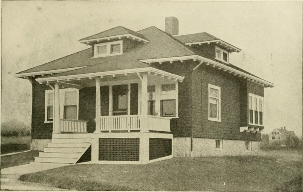 An illustration from Guaranteed building plans with interior views and details : a standard collection of new, original and artistic designs of cottages, bungalows, residences and flats of frame, brick, cement, plaster, concrete blocks, hollow tile, stucco, etc. and farm buildings of all descriptions together with interior and exterior details and interior views arranged and described by William A. Radford., 1915, leaf 60