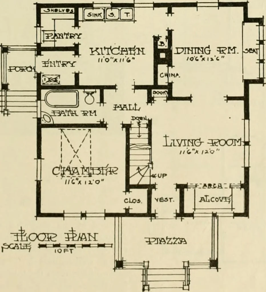 An illustration from Guaranteed building plans with interior views and details : a standard collection of new, original and artistic designs of cottages, bungalows, residences and flats of frame, brick, cement, plaster, concrete blocks, hollow tile, stucco, etc. and farm buildings of all descriptions together with interior and exterior details and interior views arranged and described by William A. Radford., 1915, leaf 60