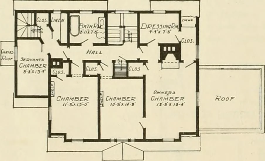 An illustration from Guaranteed building plans with interior views and details : a standard collection of new, original and artistic designs of cottages, bungalows, residences and flats of frame, brick, cement, plaster, concrete blocks, hollow tile, stucco, etc. and farm buildings of all descriptions together with interior and exterior details and interior views arranged and described by William A. Radford., 1915, leaf 61