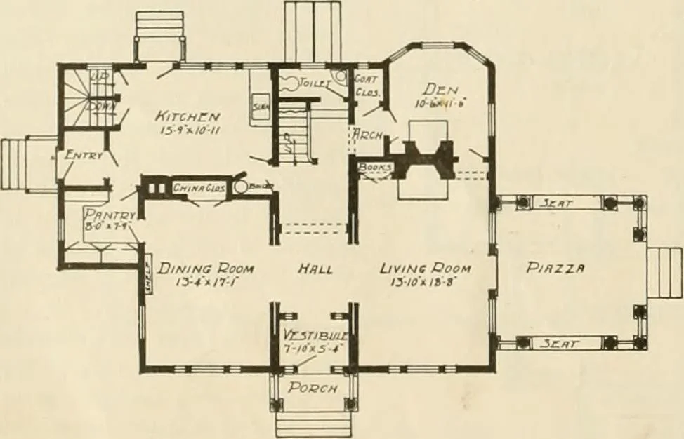 An illustration from Guaranteed building plans with interior views and details : a standard collection of new, original and artistic designs of cottages, bungalows, residences and flats of frame, brick, cement, plaster, concrete blocks, hollow tile, stucco, etc. and farm buildings of all descriptions together with interior and exterior details and interior views arranged and described by William A. Radford., 1915, leaf 61