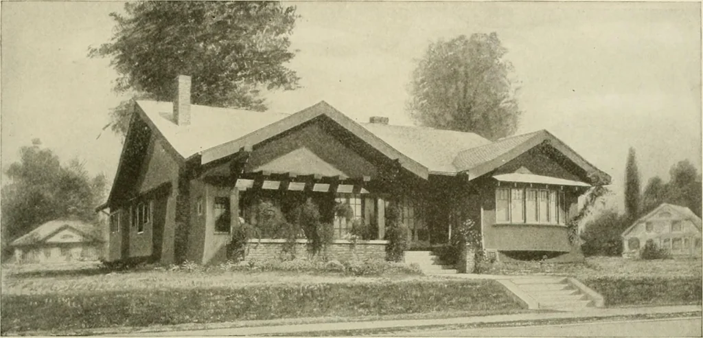 An illustration from Guaranteed building plans with interior views and details : a standard collection of new, original and artistic designs of cottages, bungalows, residences and flats of frame, brick, cement, plaster, concrete blocks, hollow tile, stucco, etc. and farm buildings of all descriptions together with interior and exterior details and interior views arranged and described by William A. Radford., 1915, leaf 62