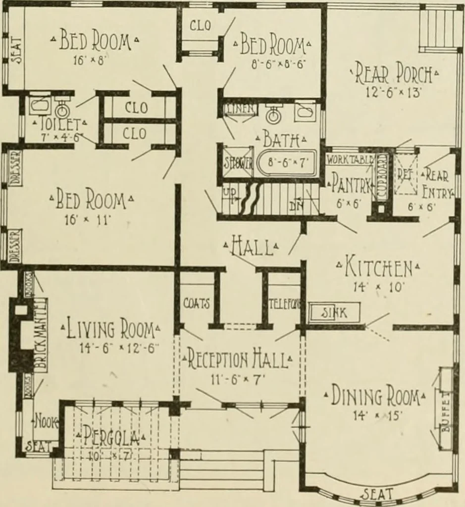 An illustration from Guaranteed building plans with interior views and details : a standard collection of new, original and artistic designs of cottages, bungalows, residences and flats of frame, brick, cement, plaster, concrete blocks, hollow tile, stucco, etc. and farm buildings of all descriptions together with interior and exterior details and interior views arranged and described by William A. Radford., 1915, leaf 62