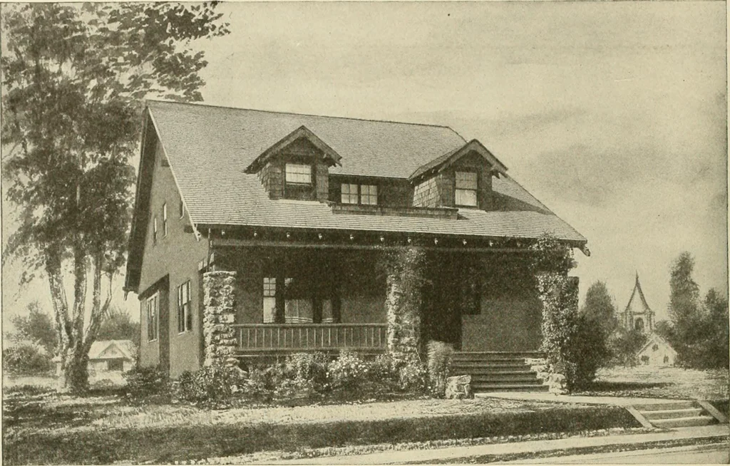 An illustration from Guaranteed building plans with interior views and details : a standard collection of new, original and artistic designs of cottages, bungalows, residences and flats of frame, brick, cement, plaster, concrete blocks, hollow tile, stucco, etc. and farm buildings of all descriptions together with interior and exterior details and interior views arranged and described by William A. Radford., 1915, leaf 63