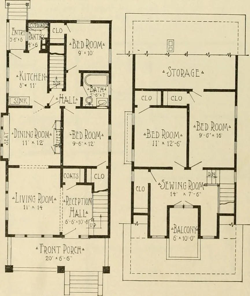 An illustration from Guaranteed building plans with interior views and details : a standard collection of new, original and artistic designs of cottages, bungalows, residences and flats of frame, brick, cement, plaster, concrete blocks, hollow tile, stucco, etc. and farm buildings of all descriptions together with interior and exterior details and interior views arranged and described by William A. Radford., 1915, leaf 63