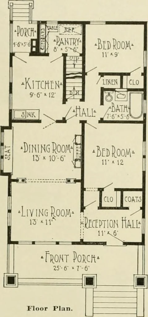 An illustration from Guaranteed building plans with interior views and details : a standard collection of new, original and artistic designs of cottages, bungalows, residences and flats of frame, brick, cement, plaster, concrete blocks, hollow tile, stucco, etc. and farm buildings of all descriptions together with interior and exterior details and interior views arranged and described by William A. Radford., 1915, leaf 64