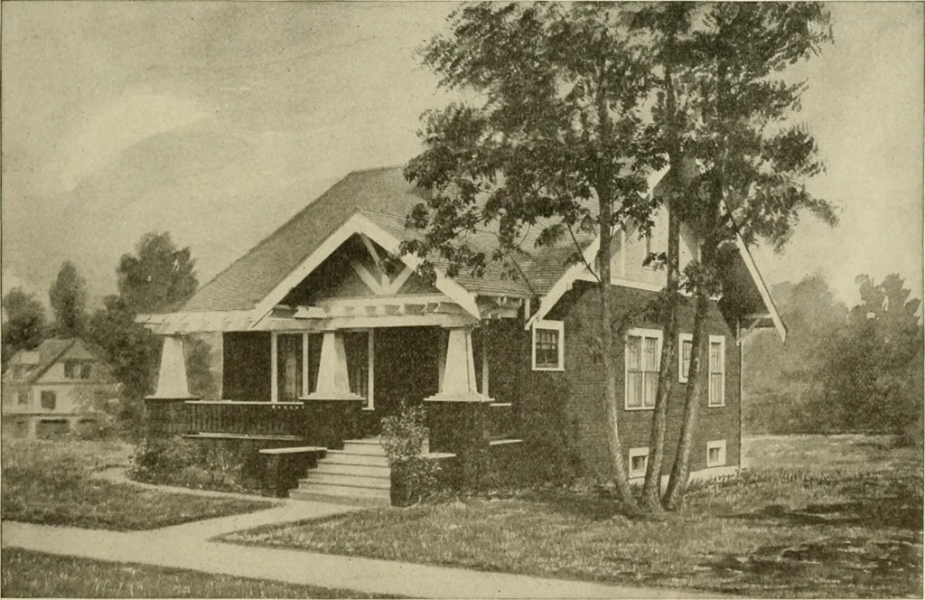 An illustration from Guaranteed building plans with interior views and details : a standard collection of new, original and artistic designs of cottages, bungalows, residences and flats of frame, brick, cement, plaster, concrete blocks, hollow tile, stucco, etc. and farm buildings of all descriptions together with interior and exterior details and interior views arranged and described by William A. Radford., 1915, leaf 64