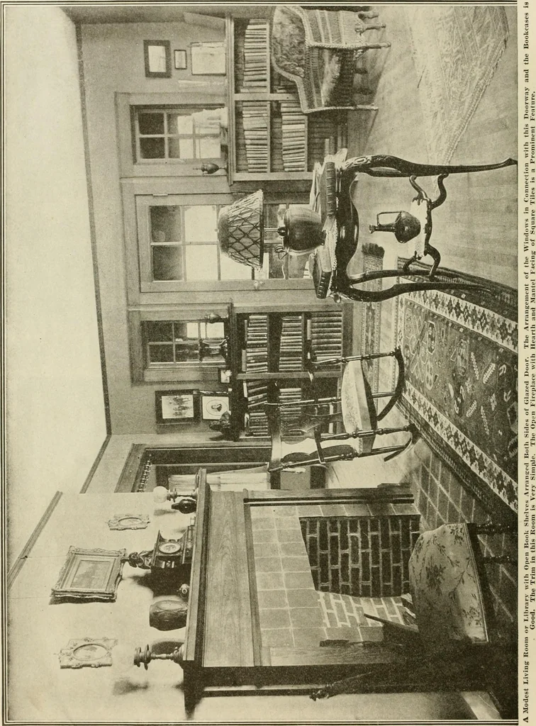 An illustration from Guaranteed building plans with interior views and details : a standard collection of new, original and artistic designs of cottages, bungalows, residences and flats of frame, brick, cement, plaster, concrete blocks, hollow tile, stucco, etc. and farm buildings of all descriptions together with interior and exterior details and interior views arranged and described by William A. Radford., 1915, leaf 65