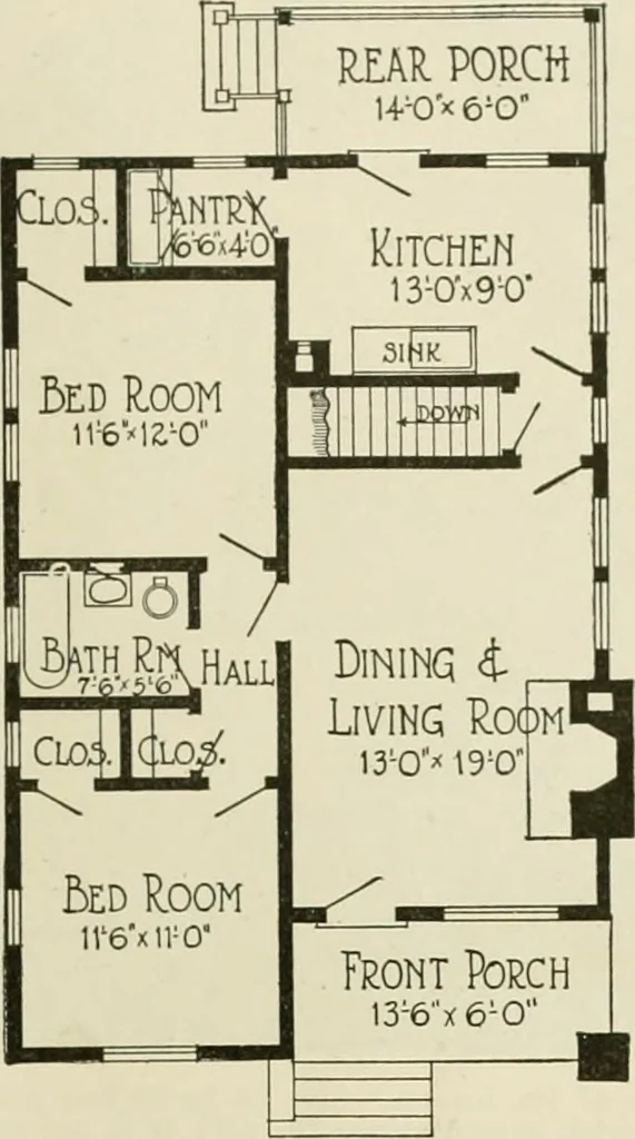 An illustration from Guaranteed building plans with interior views and details : a standard collection of new, original and artistic designs of cottages, bungalows, residences and flats of frame, brick, cement, plaster, concrete blocks, hollow tile, stucco, etc. and farm buildings of all descriptions together with interior and exterior details and interior views arranged and described by William A. Radford., 1915, leaf 66