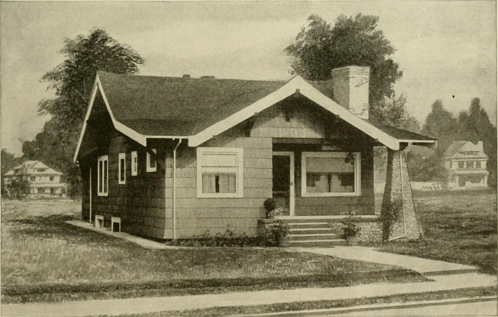An illustration from Guaranteed building plans with interior views and details : a standard collection of new, original and artistic designs of cottages, bungalows, residences and flats of frame, brick, cement, plaster, concrete blocks, hollow tile, stucco, etc. and farm buildings of all descriptions together with interior and exterior details and interior views arranged and described by William A. Radford., 1915, leaf 66