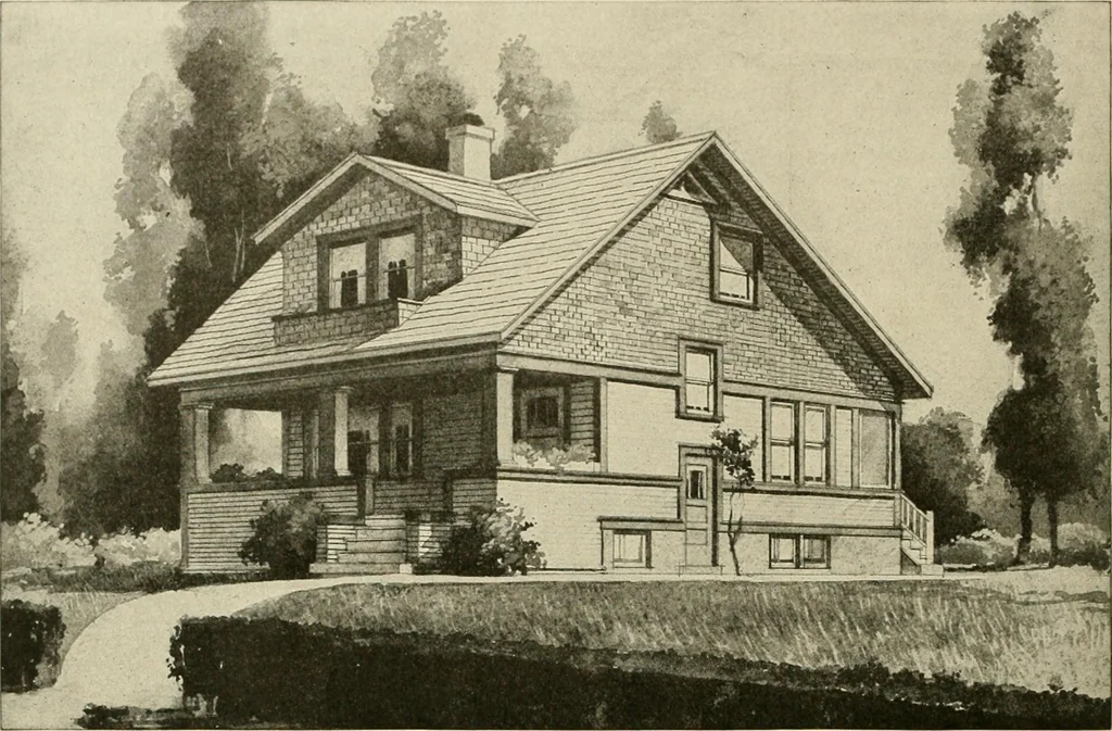 An illustration from Guaranteed building plans with interior views and details : a standard collection of new, original and artistic designs of cottages, bungalows, residences and flats of frame, brick, cement, plaster, concrete blocks, hollow tile, stucco, etc. and farm buildings of all descriptions together with interior and exterior details and interior views arranged and described by William A. Radford., 1915, leaf 67