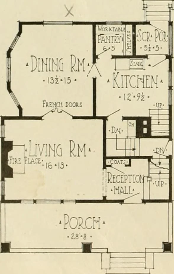 An illustration from Guaranteed building plans with interior views and details : a standard collection of new, original and artistic designs of cottages, bungalows, residences and flats of frame, brick, cement, plaster, concrete blocks, hollow tile, stucco, etc. and farm buildings of all descriptions together with interior and exterior details and interior views arranged and described by William A. Radford., 1915, leaf 67