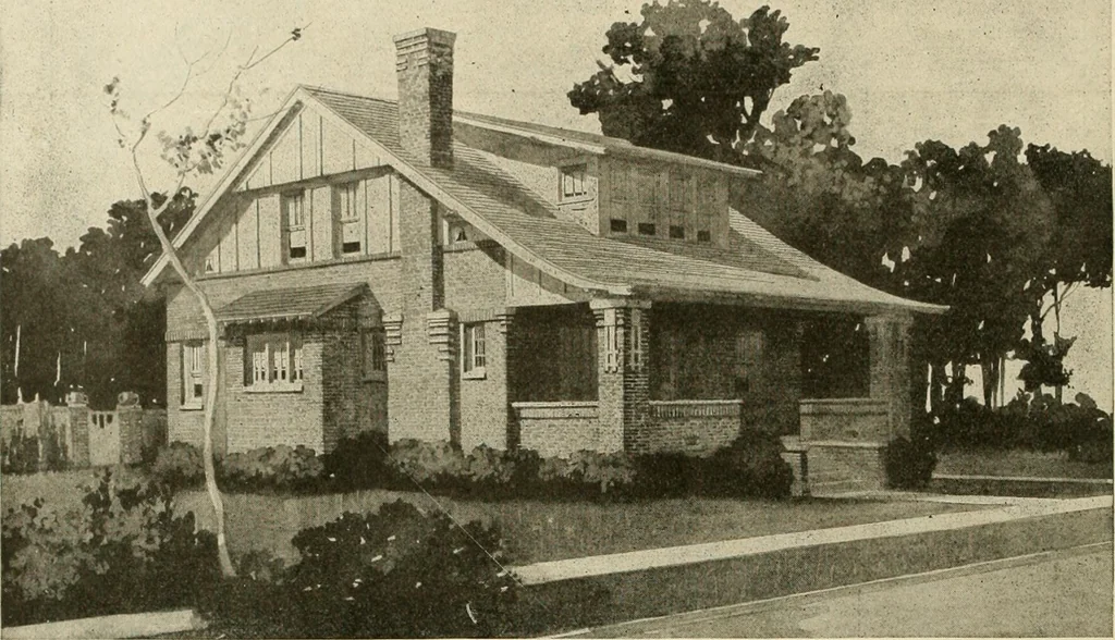 An illustration from Guaranteed building plans with interior views and details : a standard collection of new, original and artistic designs of cottages, bungalows, residences and flats of frame, brick, cement, plaster, concrete blocks, hollow tile, stucco, etc. and farm buildings of all descriptions together with interior and exterior details and interior views arranged and described by William A. Radford., 1915, leaf 71