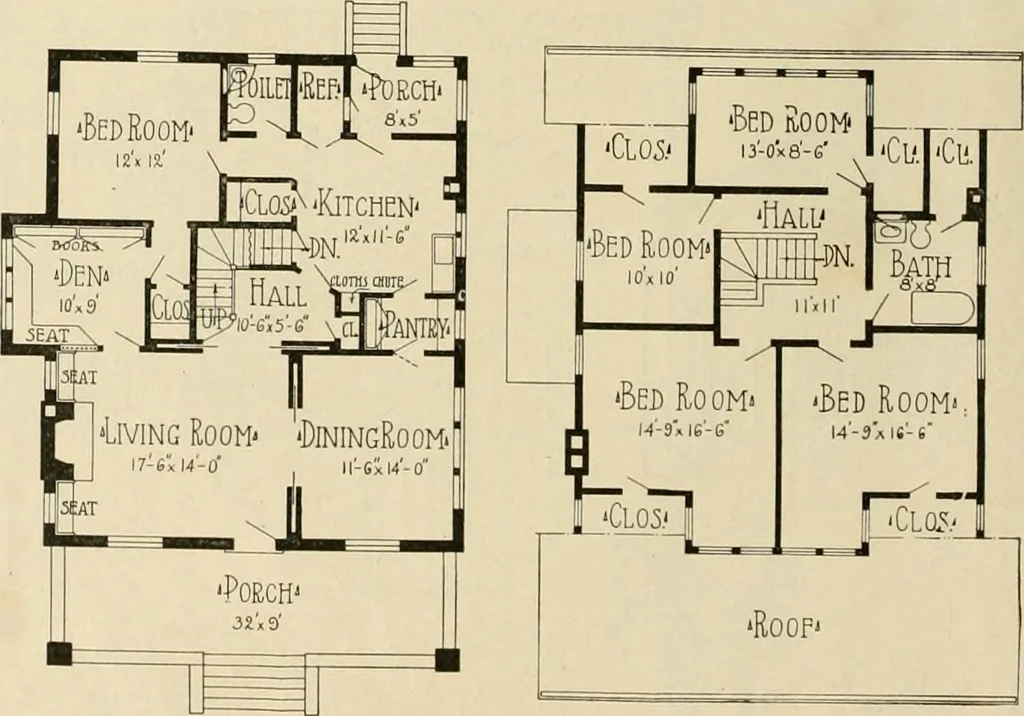 An illustration from Guaranteed building plans with interior views and details : a standard collection of new, original and artistic designs of cottages, bungalows, residences and flats of frame, brick, cement, plaster, concrete blocks, hollow tile, stucco, etc. and farm buildings of all descriptions together with interior and exterior details and interior views arranged and described by William A. Radford., 1915, leaf 71