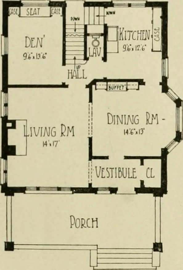 An illustration from Guaranteed building plans with interior views and details : a standard collection of new, original and artistic designs of cottages, bungalows, residences and flats of frame, brick, cement, plaster, concrete blocks, hollow tile, stucco, etc. and farm buildings of all descriptions together with interior and exterior details and interior views arranged and described by William A. Radford., 1915, leaf 72