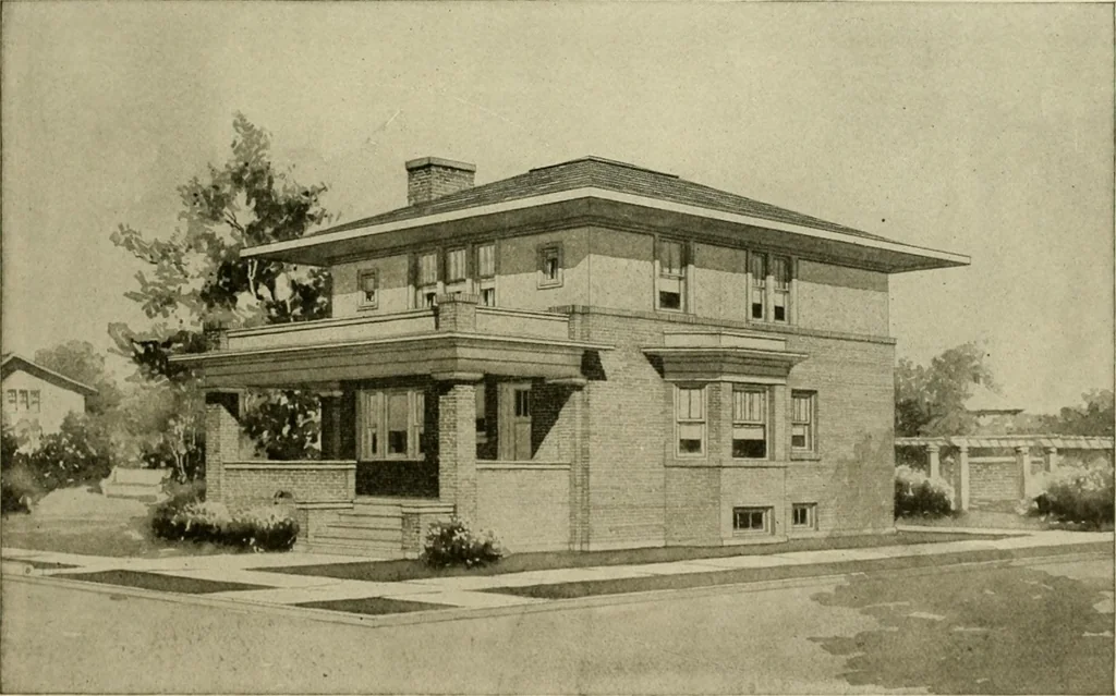 An illustration from Guaranteed building plans with interior views and details : a standard collection of new, original and artistic designs of cottages, bungalows, residences and flats of frame, brick, cement, plaster, concrete blocks, hollow tile, stucco, etc. and farm buildings of all descriptions together with interior and exterior details and interior views arranged and described by William A. Radford., 1915, leaf 72