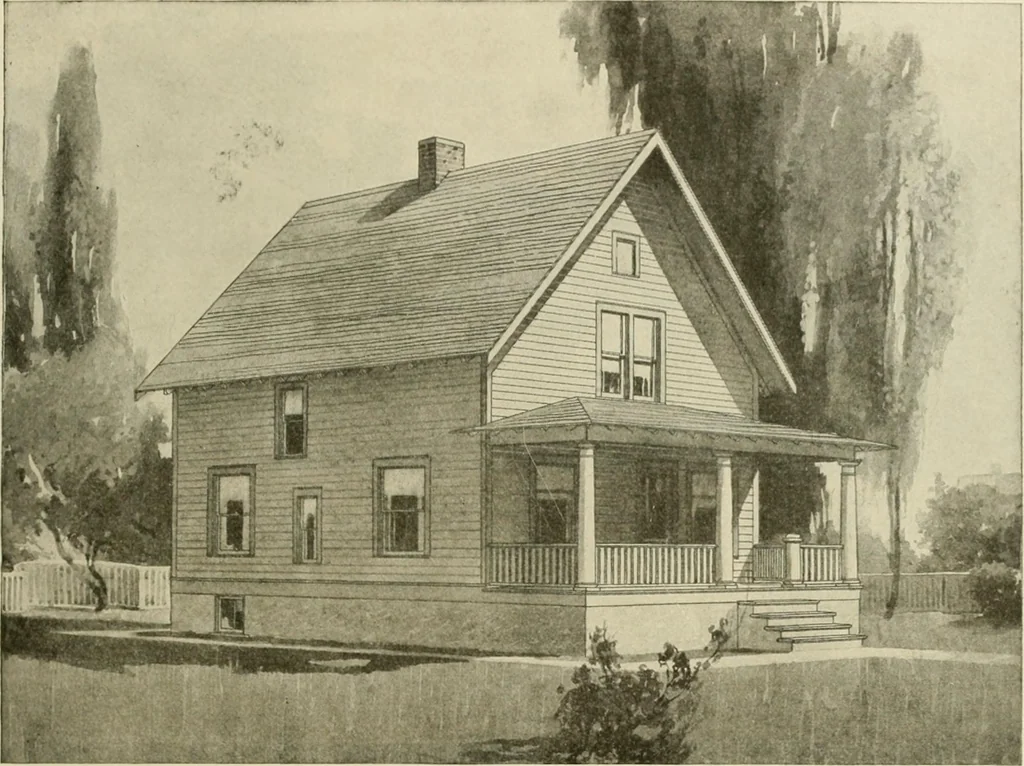An illustration from Guaranteed building plans with interior views and details : a standard collection of new, original and artistic designs of cottages, bungalows, residences and flats of frame, brick, cement, plaster, concrete blocks, hollow tile, stucco, etc. and farm buildings of all descriptions together with interior and exterior details and interior views arranged and described by William A. Radford., 1915, leaf 74
