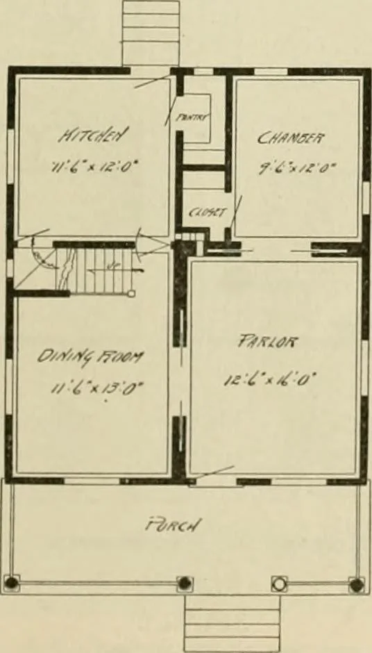 An illustration from Guaranteed building plans with interior views and details : a standard collection of new, original and artistic designs of cottages, bungalows, residences and flats of frame, brick, cement, plaster, concrete blocks, hollow tile, stucco, etc. and farm buildings of all descriptions together with interior and exterior details and interior views arranged and described by William A. Radford., 1915, leaf 74